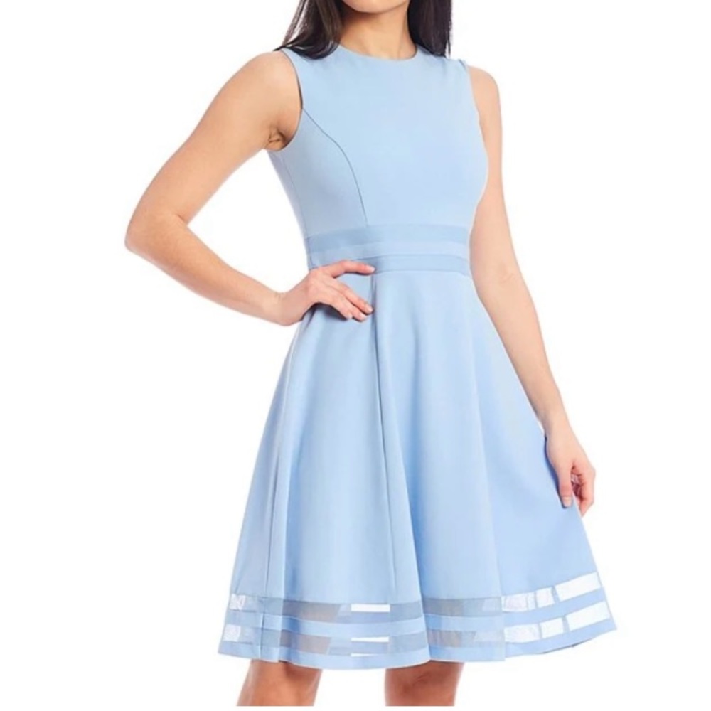 Calvin Klein Soft Blue Sleeveless Round Neck A-Line Fit and Flare Dress, Size 14